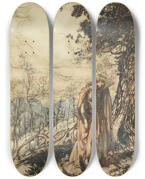 Triptych art skateboard deck of Arthur Rackham Brunnhilde Stands For A Long Time Dazed And Alarmed by Arthur Rackham (1867-1939)