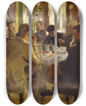 Triptych art skateboard deck of Peder Severin Kryer Artists Luncheon At Brndums Hotel by Peder Severin Kroyer (1851-1909)