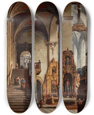 Triptych art skateboard deck of Marcin Zaleski Interior Of The Dominican Church In Krakw_2 by Marcin Zaleski (1796-1877)