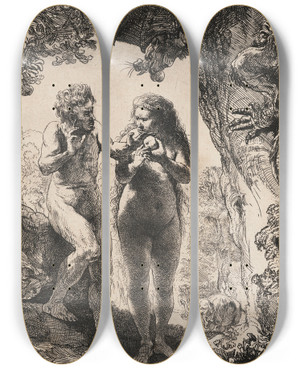Triptych art skateboard deck of Rembrandt Van Rijn Adam And Eve by Rembrandt Van Rijn (1606-1669)