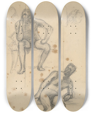 Triptych art skateboard deck of Pierre Puvis De Chavannes Sheet Of Figurestudies by Pierre Puvis De Chavannes (1824-1898)