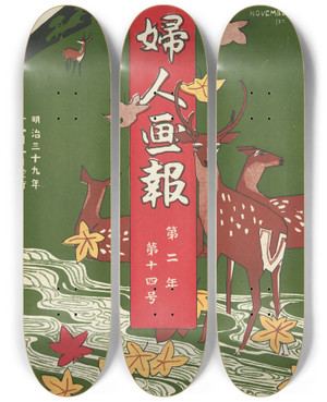 Triptych art skateboard deck of Mitsutani Kunishiro The Ladys Graphic November 1906 by Mitsutani Kunishiro