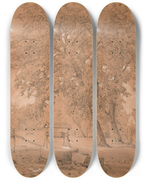 Triptych art skateboard deck of Jacquesraymond Brascassat Puits Avec Grands Arbres by Jacques Raymond Brascassat (1804-1867)