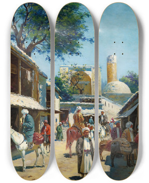 Triptych art skateboard deck of Richard Karlovich Zommer Samarkand Street Market by Richard Karlovich Zommer (1866-1939)