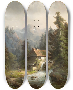 Triptych art skateboard deck of Guido Hampe Water Mill In The Mountains by Guido Hampe (1839-1902)