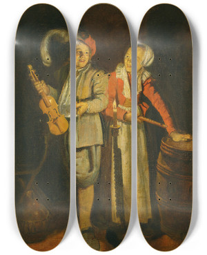 Triptych art skateboard deck of Jan Miense Molenaer A Boy And A Girl Playing Music By Candlelight by Jan Miense Molenaer (1610-1668)