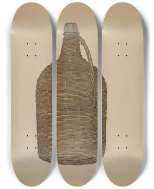 Triptych art skateboard deck of Clarence W Dawson Wicker Demijohn by Clarence W Dawson