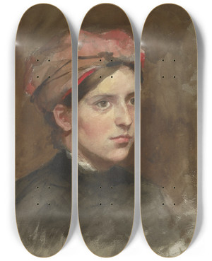 Triptych art skateboard deck of Thrse Schwartze Portret Van Een Jonge Vrouw Met Een Rode Hoofddoek by Therese Schwartze (1851-1918)