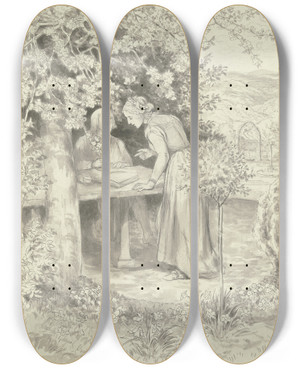Triptych art skateboard deck of Wilhelm Steinhausen Diether Und Irmela Im Burggarten by Wilhelm Steinhausen (1846-1924)