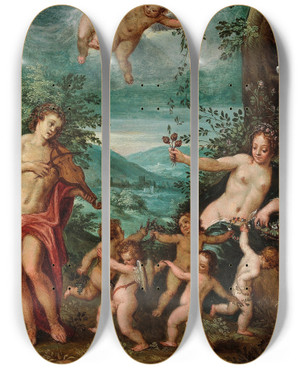 Triptych art skateboard deck of Hendrik Van Balen Apollo And Ceres by Hendrik Van Balen (1575-1632)