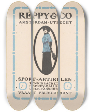 Triptych art skateboard deck of Reinier Willem Petrus De Vries Advertentie Voor Sportartikelen Van Reppy Co Te Amsterdam En Utrecht by Reinier Willem Petrus De Vries (1874-1952)