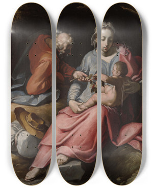 Triptych art skateboard deck of Cornelis Cornelisz Van Haarlem The Holyfamily by Cornelis Cornelisz Van Haarlem (1562-1638)