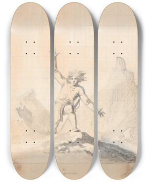 Triptych art skateboard deck of Nicolai Abildgaard Niels Klim Dukker Atter Frem P De Norske Klipper by Nicolai Abildgaard (1743-1809)