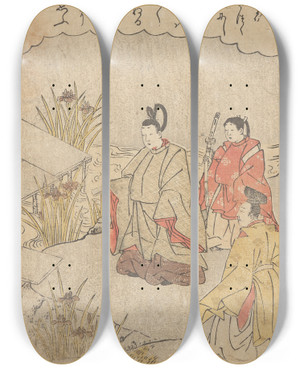 Triptych art skateboard deck of Katsukawa Shunsh Samurai With Attendants by Katsukawa Shunsho (1726-1792)