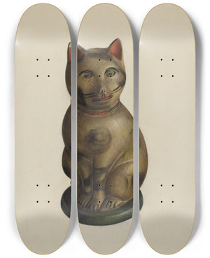 Triptych art skateboard deck of Mina Lowry Pa German Seated Chalkware Cat by Mina Lowry (1894-1942)