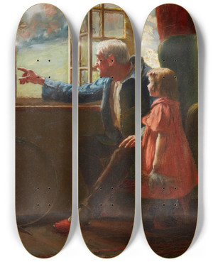 Triptych art skateboard deck of William Verplanck Birney A Break From Childs Play by William Verplanck Birney (1850-1919)