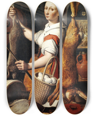 Triptych art skateboard deck of Pieter Pietersz Kitchenmaid by Pieter Pietersz (1540-1603)