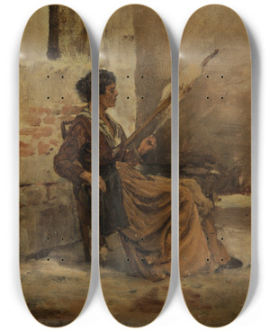 Triptych art skateboard deck of Gustav Schnleber Spinnerin In Chioggia by Gustav Schonleber (1851-1917)