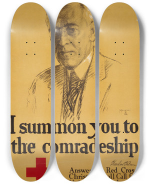 Triptych art skateboard deck of Leo Mielziner I Summon You To The Comradeship Woodrow Wilson Answer The Red Cross Christmas Roll Call For Universal Membership by Leo Mielziner (1869-1935)