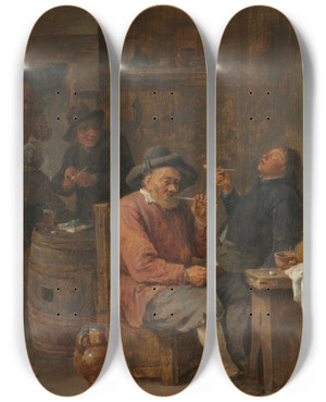 Triptych art skateboard deck of David Teniers The Younger Peasants Smoking In An Inn by David Teniers The Younger (1610-1690)