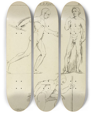 Triptych art skateboard deck of Peter Paul Rubens Three Male Figures One Striding And One Kneeling by Peter Paul Rubens (1577-1640)