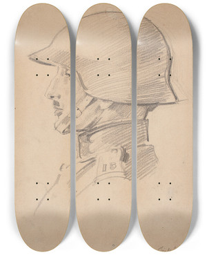 Triptych art skateboard deck of Jzef Mehoffer Study Of A Soldiers Head by Jozef Mehoffer (1869-1946)