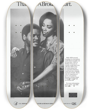 Triptych art skateboard deck of Centers For Disease Control And Prevention If You Cheat On Your Partner You Could Wind Up With More Than Just A Broken Heart by Centers for Disease Control and Prevention (1946)