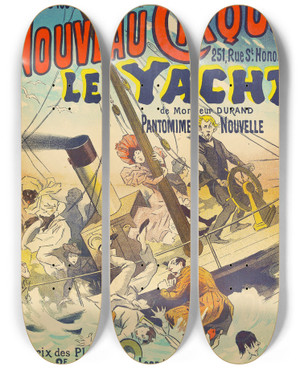 Triptych art skateboard deck of Lucien Lefvre Le Yacht by Lucien Lefevre (1850-1902)