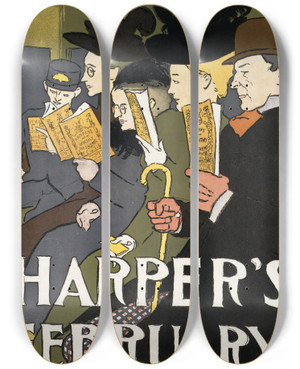 Triptych art skateboard deck of Edward Penfield Harpers February_5 by Edward Penfield (1866-1925)