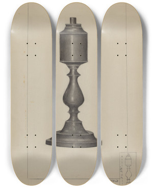 Triptych art skateboard deck of Joseph Stonefield Whale Oil Lamp by Joseph Stonefield