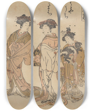 Triptych art skateboard deck of Korysai Isoda Two Courtesans And A Kamuro Carrying A Dog by Isoda Koryusai (1735-1790)