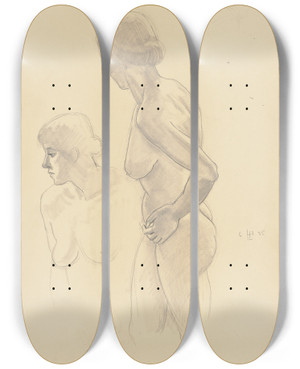Triptych art skateboard deck of Hermann Lismann Two Female Nudes by Hermann Lismann (1878-1943)