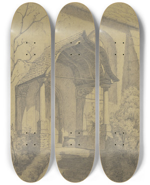 Triptych art skateboard deck of Hermann Kruse Prothyrum Of A Church by Hermann Kruse