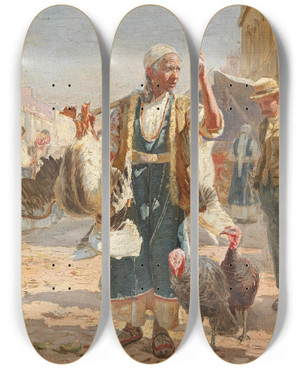 Triptych art skateboard deck of Anton Mittoff Mitov The Poultry Market by Anton Mittoff (Mitov) (1862-1930)