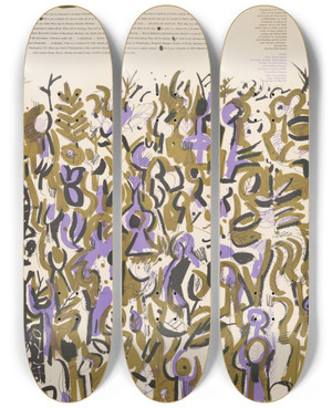 Triptych art skateboard deck of Sam Maitin The Print Club by Sam Maitin (1928-2004)