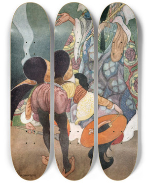 Triptych art skateboard deck of Charles Robinson Let The Fireworks Begin Said The King by Charles Robinson (1870-1937)