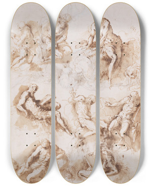 Triptych art skateboard deck of Jacopo Palma Il Vecchio Sheet Of Studies Of St Jerome by Jacopo Palma Il Vecchio (1480-1528)