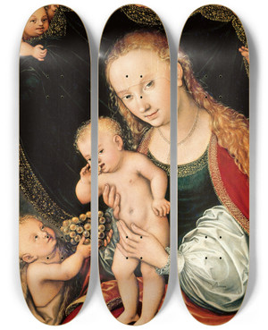 Triptych art skateboard deck of Lucas Cranach The Elder Madonna And Child With The Young St John The Baptist by Lucas Cranach The Elder (1472-1553)