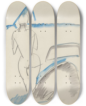 Triptych art skateboard deck of Ernst Ludwig Kirchner Bather On The Beach by Ernst Ludwig Kirchner (1880-1938)