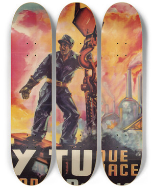 Triptych art skateboard deck of David Arreola Y Tu Que Haces Por Tu Patria by David Arreola (20-)