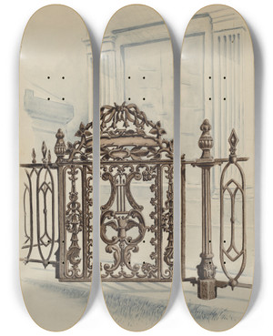 Triptych art skateboard deck of Al Curry Cast Iron Gate_1 by Al Curry (20-)