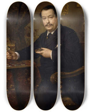 Triptych art skateboard deck of Ludwig Knaus The Banker Itzinger by Ludwig Knaus (1829-1921)