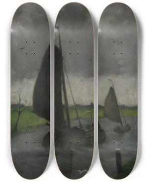 Triptych art skateboard deck of Eduard Karsen Watercourse With Sail Barges by Eduard Karsen (1860-1941)