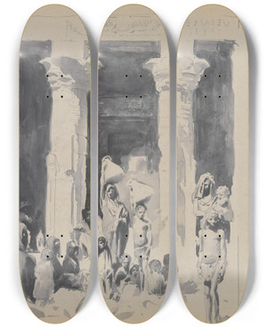 Triptych art skateboard deck of John Singer Sargent Nubians In Front Of The Temple Of Dendur by John Singer Sargent (1856-1925)
