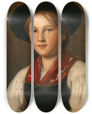 Triptych art skateboard deck of Franz Von Defregger A Graceful Young Girl In Traditional Costume With A Hat by Franz Von Defregger (1835-1921)