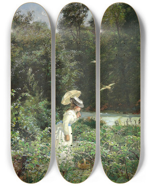 Triptych art skateboard deck of Carl Schlichtingcarlsen Ung Dame I Hvid Kjole Plukker Hindbr I Ordrup Krat by Carl Schlichting-Carlsen (1852-1903)