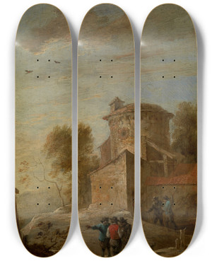 Triptych art skateboard deck of David Teniers The Younger Afternoon by David Teniers The Younger (1610-1690)