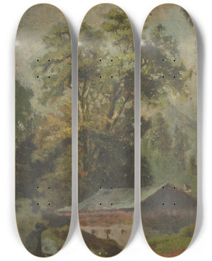 Triptych art skateboard deck of Jan Nowopack Gamekeepers Lodge by Jan Nowopacky