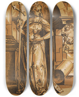 Triptych art skateboard deck of Tobias Stimmer Ecclesia by Tobias Stimmer (1539-1584)