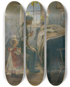 Triptych art skateboard deck of Gustav August Hessl Feierstunde by Gustav August Hessl (1849-1926)